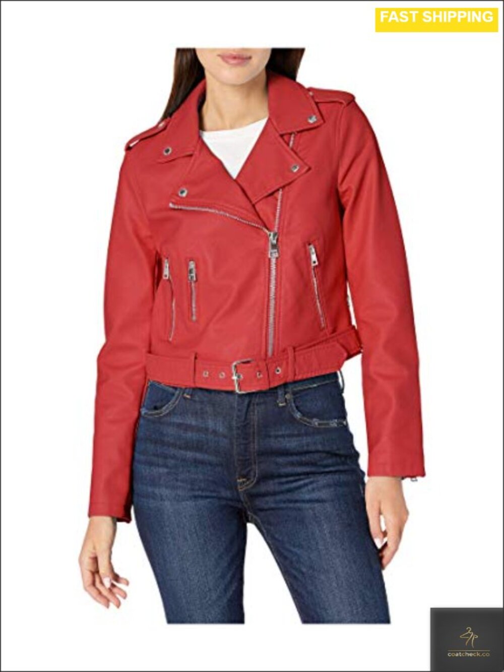 Belted Faux Leather Moto Jacket Asymmetrical Zip Long Sleeve